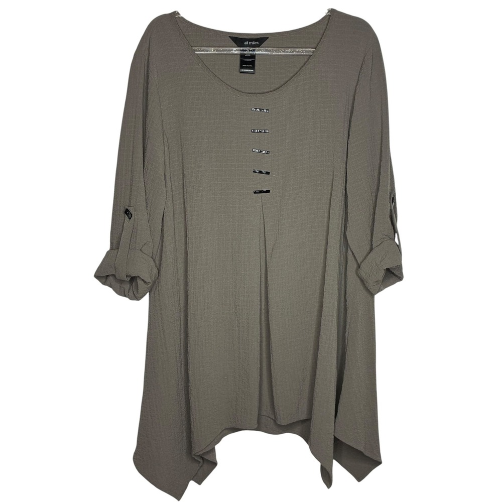 Ali Miles Women Medium Tunic Top Taupe Sharkbite Hem Roll-Tab Sleeve Textured